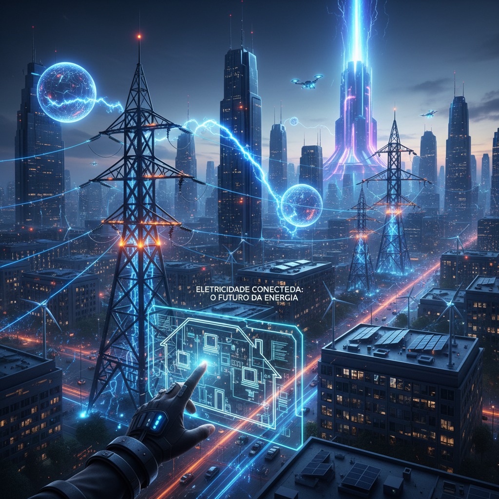 Uma mão enluvada com tecnologia futurista aponta para um holograma digital que exibe plantas de edifícios em uma cidade cibernética à noite, com torres de energia brilhantes e arranha-céus iluminados ao fundo.